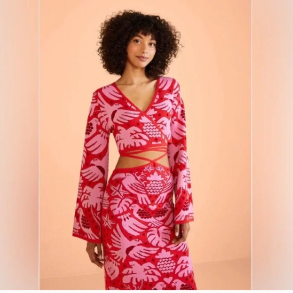 Farm Rio Jungle Scarf Red Sweater Top